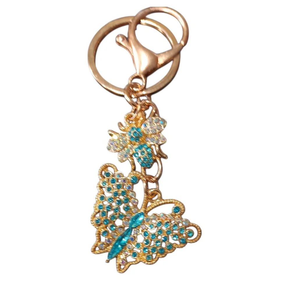 Beautiful Lt.Blue Rhinestone Butterfly Bumblebee Gold Tone Keychain Purse Charm